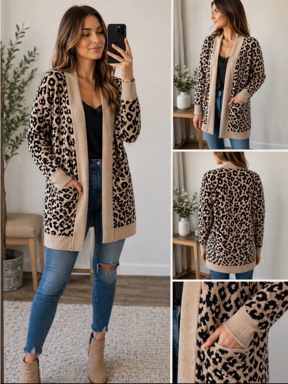 Kaisley Leopard Print Open Front Cardigan Cozy Knit Neutral 100% cotton Sweater
